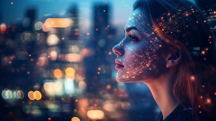Woman's profile superimposed with city lights at night, symbolizing technological connection.