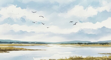 Serene watercolor painting of a tranquil landscape with birds flying over a calm river and distant hills under a cloudy sky