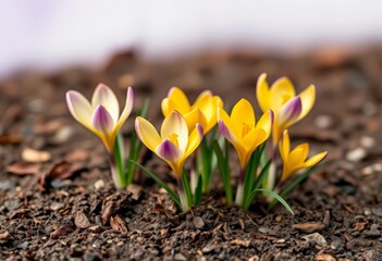 Obraz premium Delicate purple and yellow crocuses emerging from rich earth against a soft, blurred watercolor background, elegant, close-up