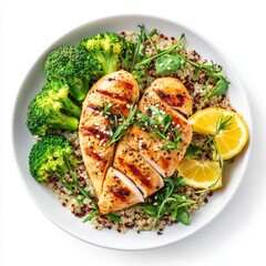Grilled chicken breast served with quinoa and vibrant broccoli, garnished with fresh herbs and lemon slices, creating a healthy and visually appealing meal perfect for nutrition-focused dining