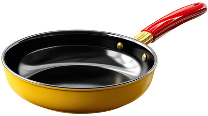 Vibrant Culinary Tool: A captivating close-up reveals a new, yellow frying pan with a red handle and non-stick interior, perfectly ready for culinary creativity.