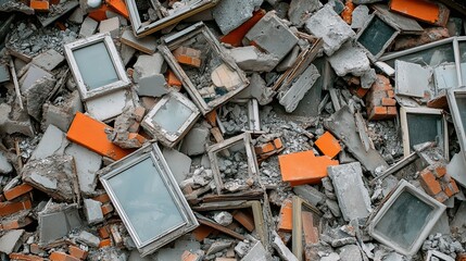 A stunning image of urban mining zero waste, sorted piles of construction materials windows bricks steel concrete, material recycling, reuse architecture, city sustainability.