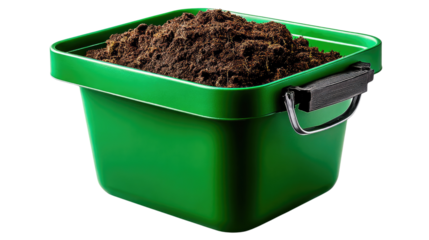 Fresh Soil in Green Bucket: A close-up shot showcases a vibrant green bucket brimming with rich, dark soil, capturing the essence of growth and potential.