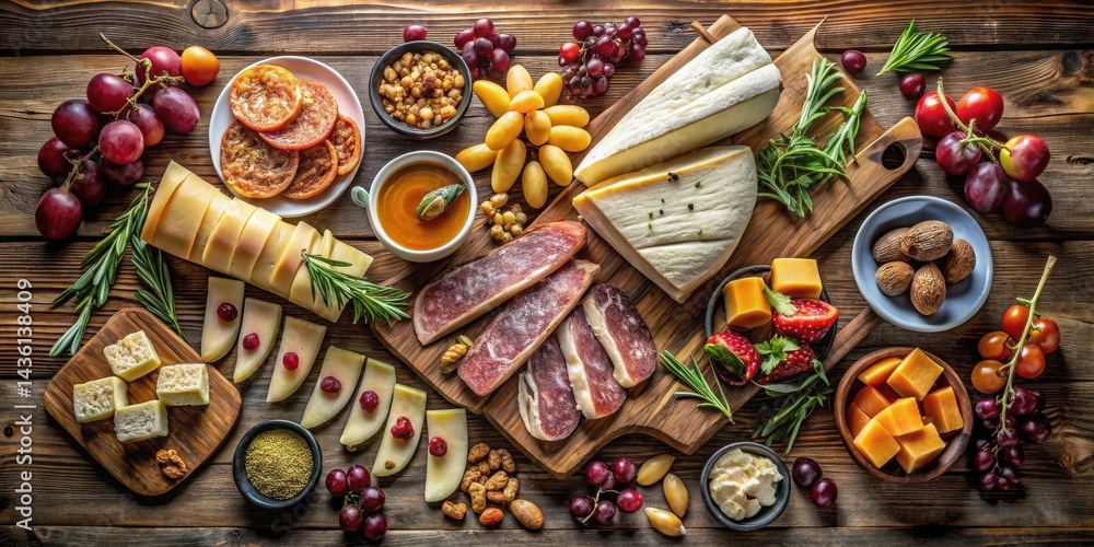 Poster a rustic wooden board featuring an array of gourmet cheeses, meats, fruits, and nuts, arranged for a
