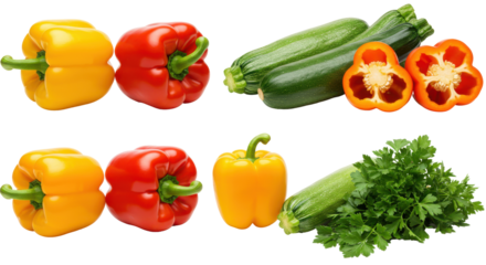 Colorful medley Peppers  zucchini bask in dark Herbs  halved peppers add zest