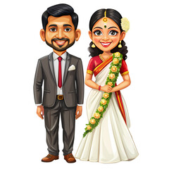 Cartoon Wedding Couple Illustration South Indian Bride Groom on transparent background