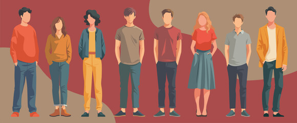 Diverse group of young people wearing stylish casual clothes, Young man character design man posing in casual stylish outfits flat design illustration set.