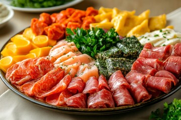 Vibrant Assortment of Fresh Meats and Cheeses on a Serving Platter