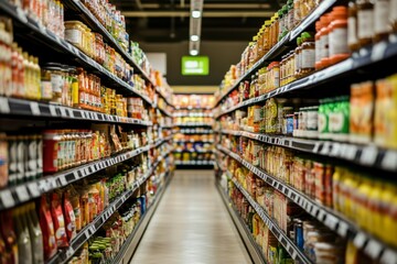 Grocery Store Aisle Filled with Bottled Condiments and Sauces