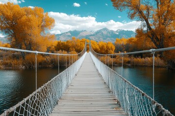 Naklejka premium Autumnal suspension bridge over tranquil river