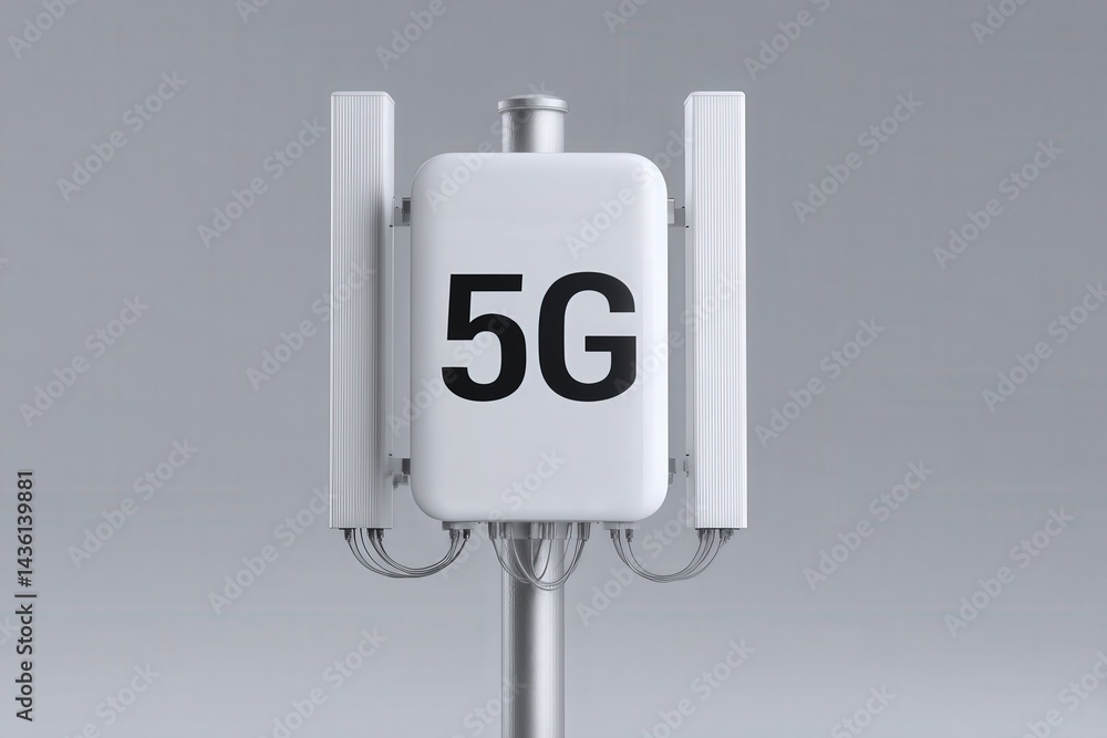 Poster grey 5g transmitter pole with dual arms and flat background rendered in minimalist style representin