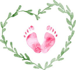 Watercolor Pink Baby Girl foot steps with love shaped floral leaves. Cute foot prints for baby gender reveal, and baby shower decoration.
