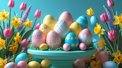 Pastel Easter Eggs and Spring Flowers