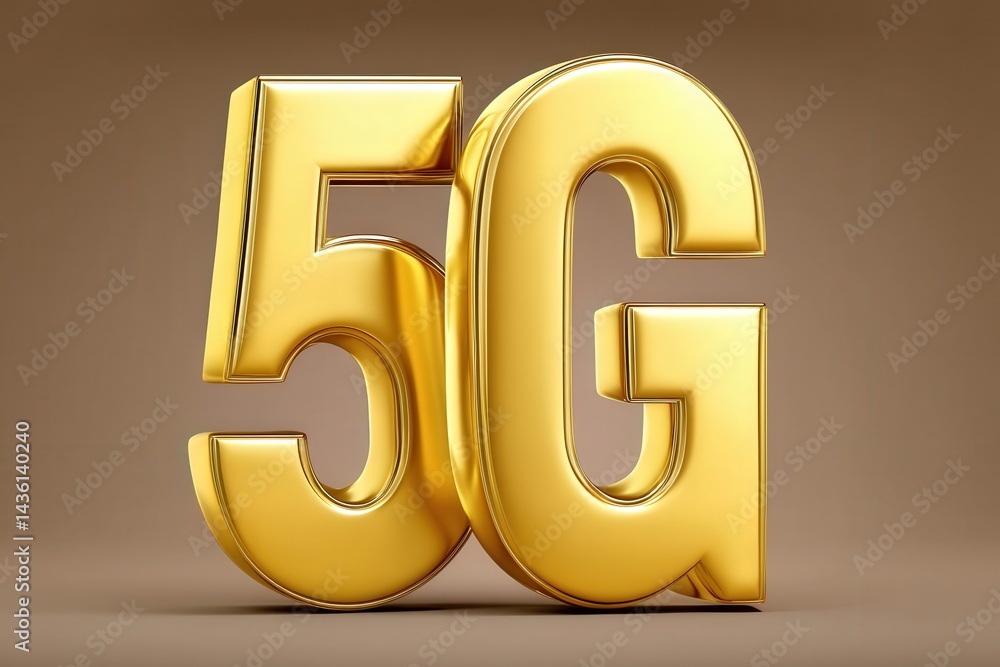 Poster shiny golden 5g text standing on flat surface with bright lighting creating metallic shadow contrast