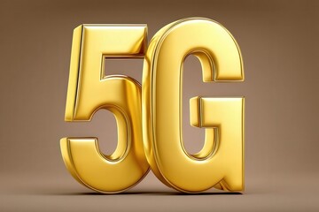 Obraz premium Shiny golden 5G text standing on flat surface with bright lighting creating metallic shadow contrast on neutral background representing modern signal power and digital speed