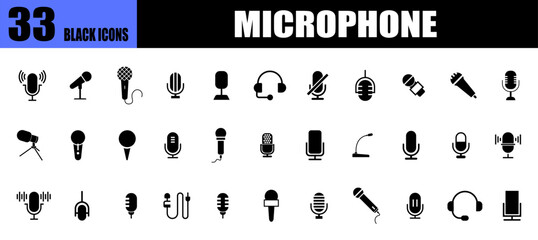 Microphone flat black icons. Podcast microphone sign.