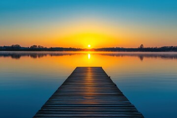 Naklejka premium Wooden pier extending into calm water at sunset over the horizon
