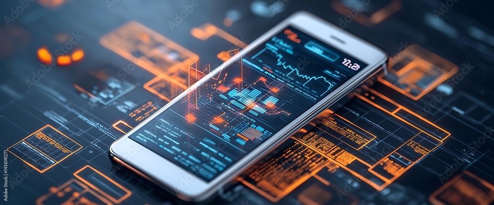Poster futuristic mobile phone displaying data visualizations