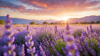 Obraz premium Lavender Field Blooming Under a Dramatic Sunset Sky at Dusk
