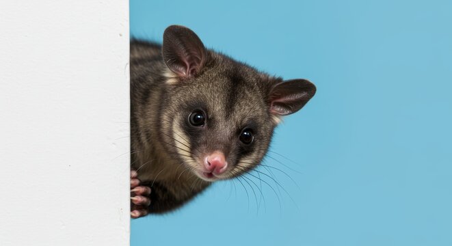 Curious Common Brushtail Possum peering around corner on a blue backdrop