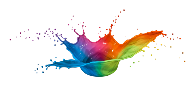 A vibrant splash of rainbow colored liquid suspended in midair against a stark black background scene