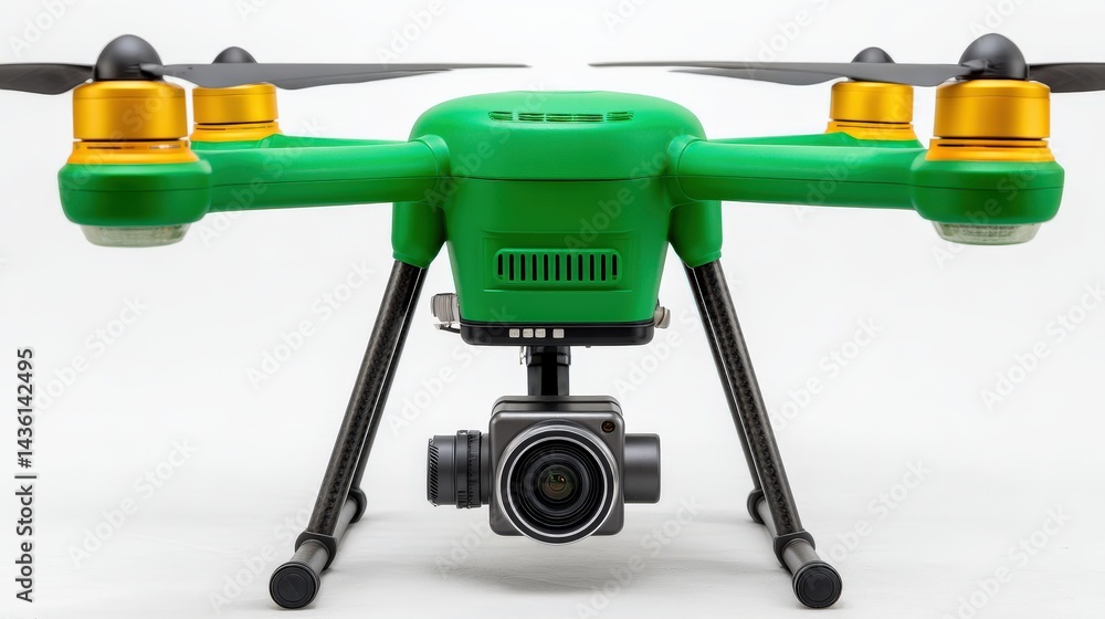 Poster green and yellow drone on white background with visible camera module and mechanical arms elevated a