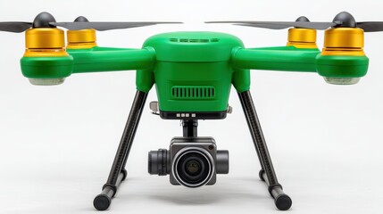 Green and yellow drone on white background with visible camera module and mechanical arms elevated as monitoring device for environmental tech or agriculture use