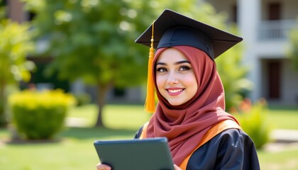 Graduation Triumph: A radiant female graduate, adorned in cap and gown, holding a tablet, symbolizes the culmination of academic achievement, representing a significant milestone in education.