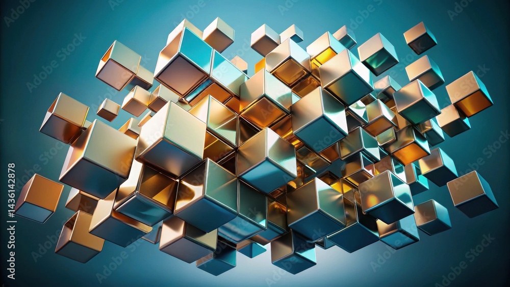Poster Abstract Metallic Cube Cluster Floating in Space A Dynamic Composition of Interlocking Shapes with a Teal Background