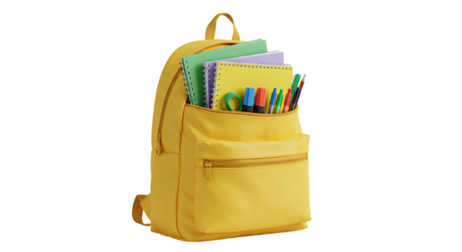 A yellow backpack filled with notebooks, pens, markers, and scissors against a black background view