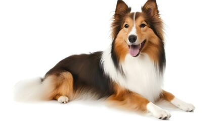 Fototapeta premium Happy Shetland Sheepdog Sitting Comfortably on a White Background