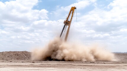 Obraz premium Powerful drilling machine in action, creating a large dust cloud