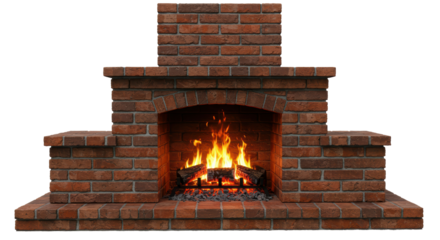 Isolated Brick Fireplace with Burning Fire