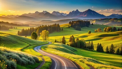 Serene Winding Road Through Lush Green Valley at Sunrise, Majestic Mountain Range in the Background