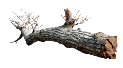 Fallen Log: A weathered, gray log lies on the ground, its bark textured and broken, showing signs of age and decay.  Small, leafless branches extend from its fractured end.