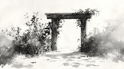 Fototapeta premium Serene Entrance with Archway Surrounded by Lush Foliage
