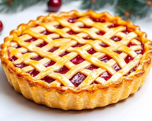 A lattice-top fruit pie with a glossy, red berry filling, sits on a white surface near evergreen sprigs