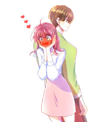 振り向く男性と赤面する女性