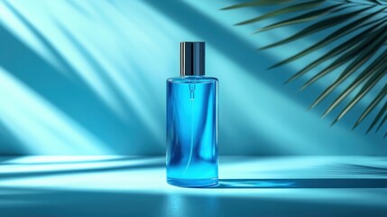 Blue perfume bottle, sunlit