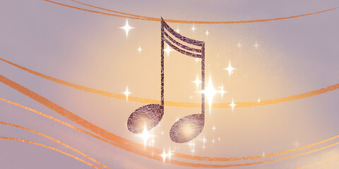 Musical notes, glowing, on a pastel background