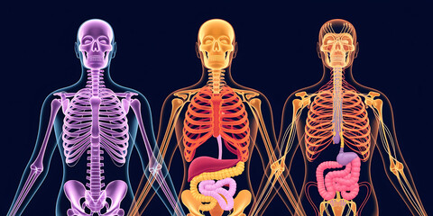 Three figures, skeletal and internal organs.