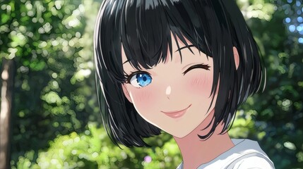 A cute anime girl with one eye closed, winking happily in the sun, and a gentle smile on her face. She is in a beautiful green environment