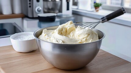 Smooth, creamy white frosting swirls inside a metal bowl, ready for sweet creations.