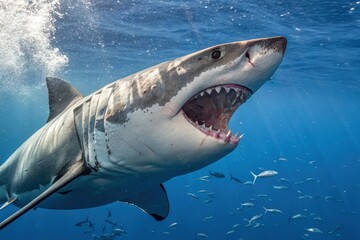 Naklejka premium Great White Shark Displaying Powerful Jaws in Ocean Depths Generative AI