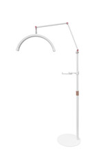 Adjustable white floor lamp frame with arc shape and metal base, isolated on transparent background...