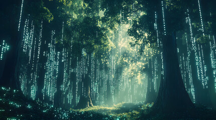 Obraz premium Enchanted Forest Scene: A captivating shot of sunlight streaming through the canopy of an ethereal forest, creating an atmosphere of mystery and natural wonder.