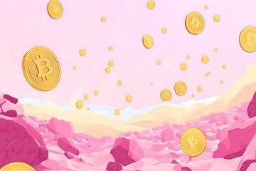 Conceptual vector illustration of golden crypto coins falling in a surreal pink valley, symbolizing digital currency investment, decentralized finance, and future economic prosperity