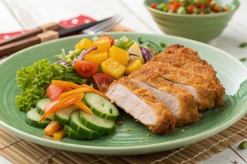 Juicy Fried Pork Served With Fresh Vegetables on Green Plate Generative AI