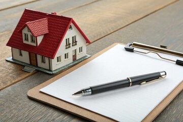 Miniature House Model Beside Clipboard and Pen on Wooden Table Generative AI