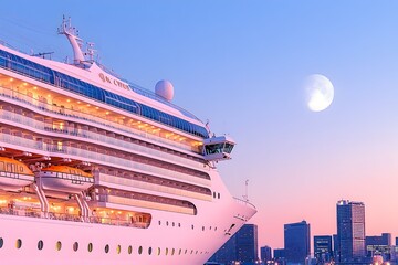 Fototapeta premium Majestic cruise ship at twilight, docked near a city skyline under a full moon
